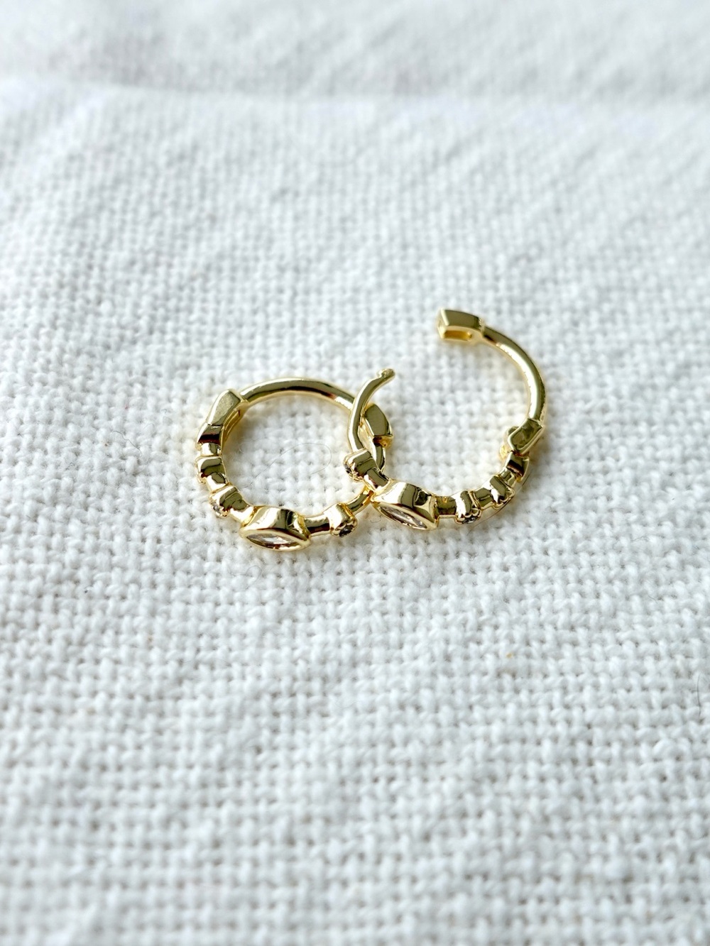 NEW! Dainty Gold Plated Hoop Earrings with Clear CZ Stones - Women Jewelry - Picture 3 of 7